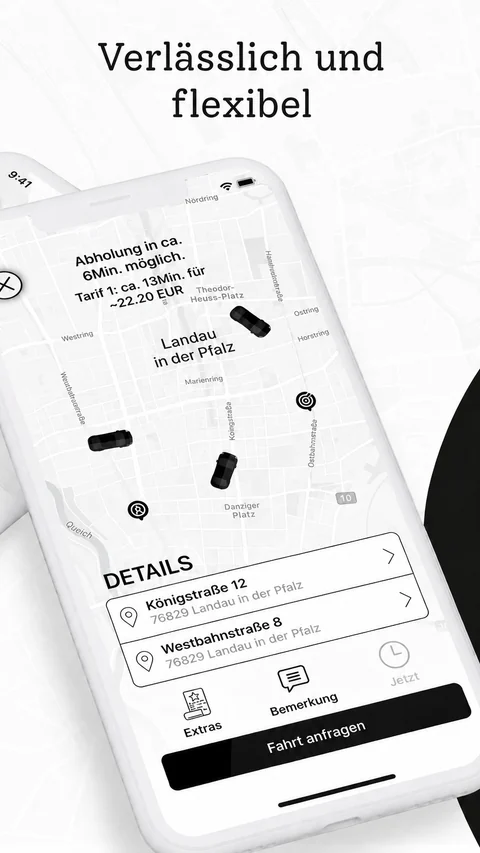 App-Screenshot der Taxi-App in Landau: Anfahrt verfolgen und Ankunftszeit vorab sehen
